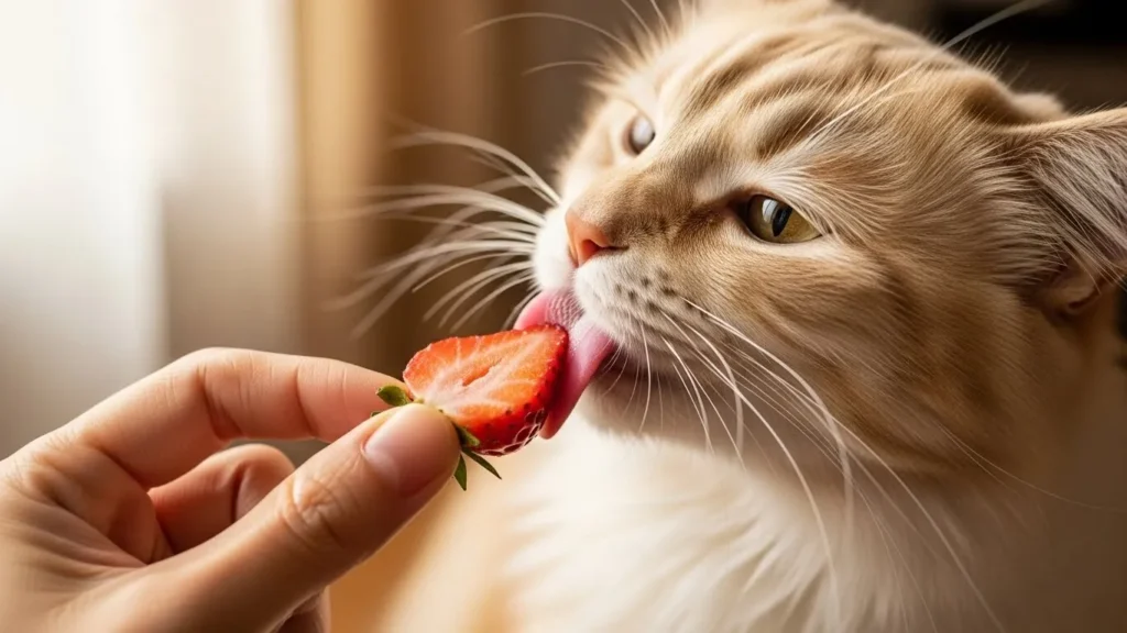 Cat tasting strawberry treat.