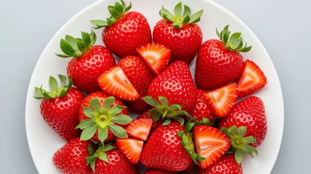 Sliced strawberries ready for feline treat.