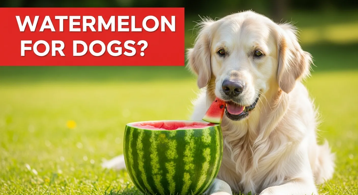 Golden retriever eating watermelon slice outdoors