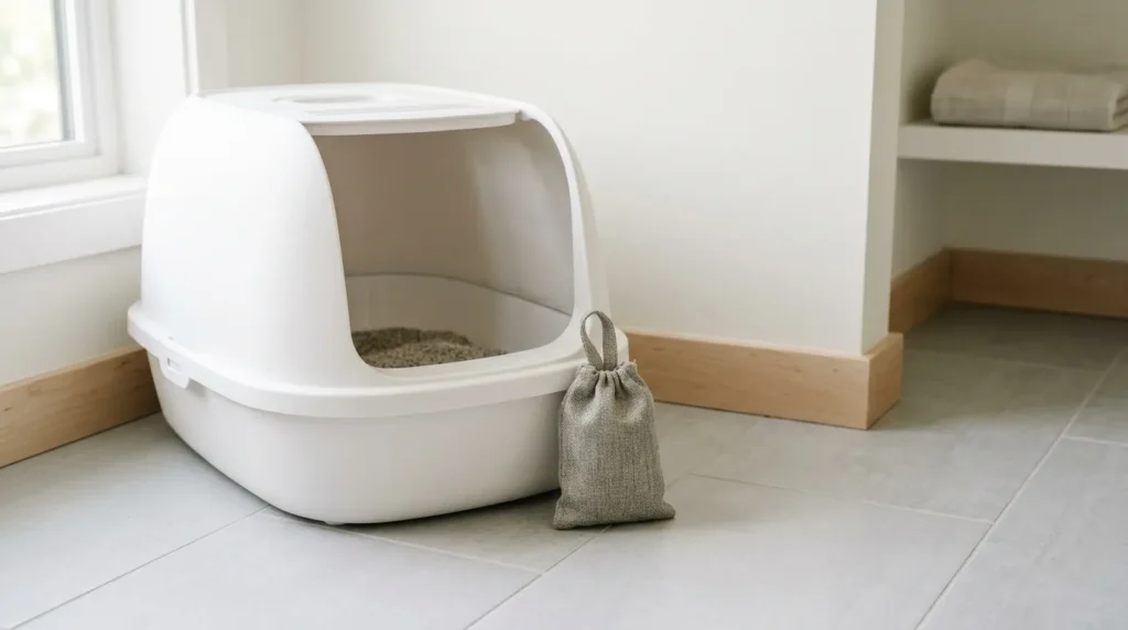 Activated charcoal odor absorber pouch placed next to a cat litter box on a tile floor.