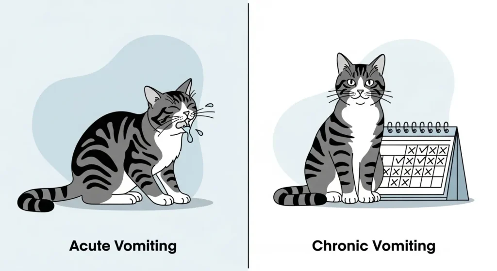 Infographic comparing acute and chronic cat vomiting with visual examples of each.