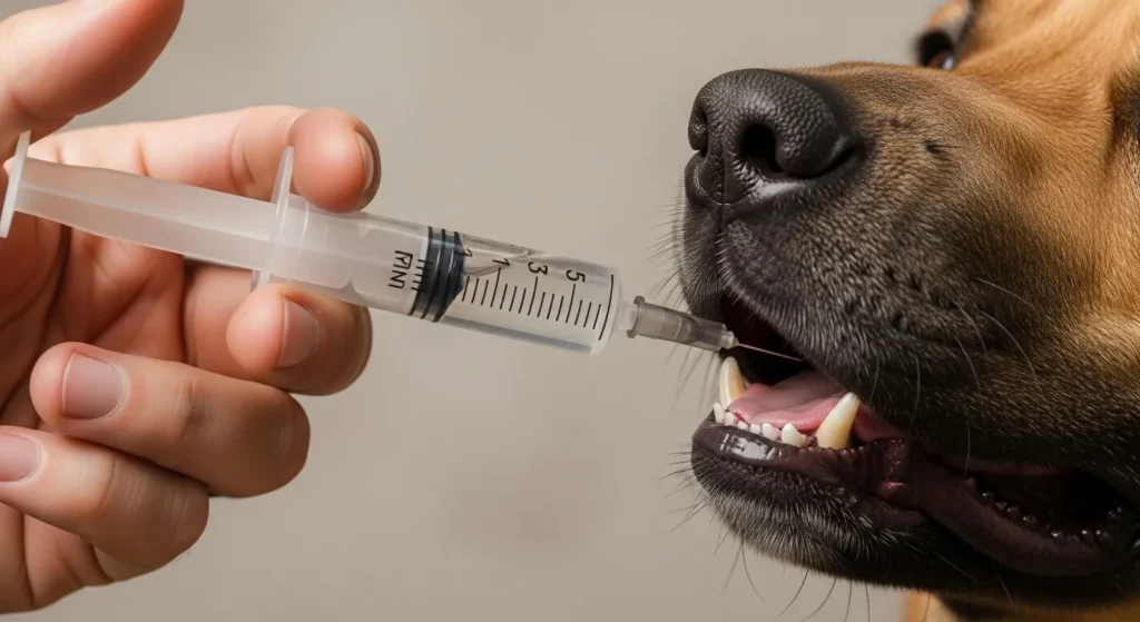 Hand giving hydrogen peroxide to dog.