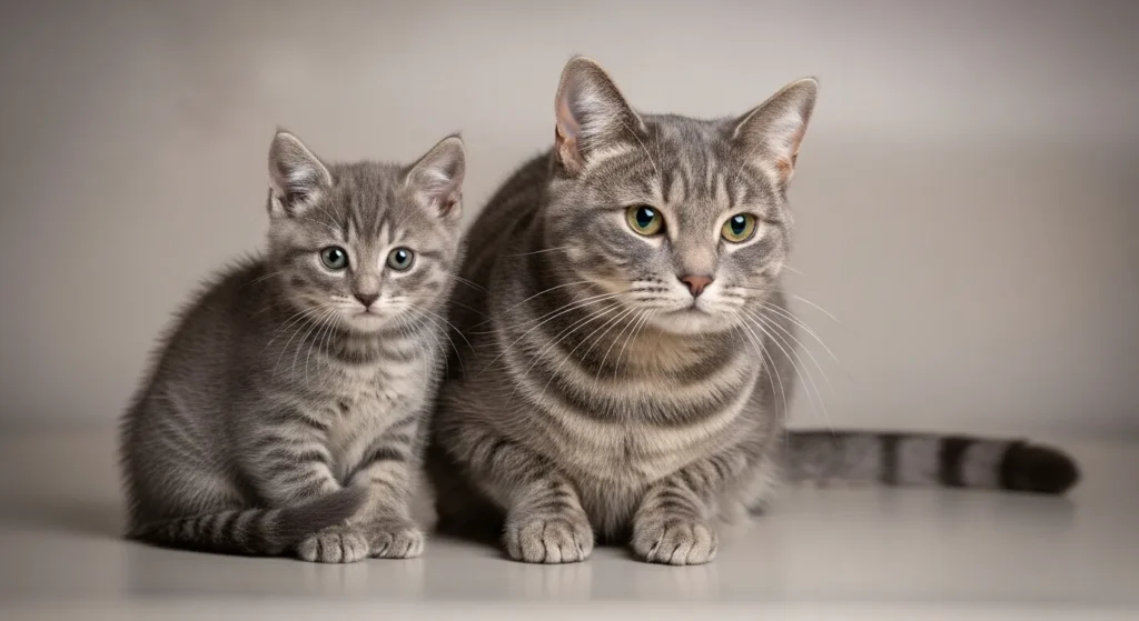 Gray kitten next to full-grown gray adult cat for size contrast.