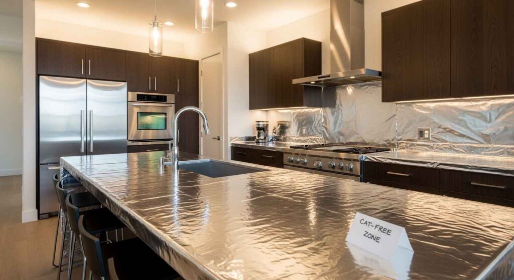 Clean kitchen counter covered with aluminum foil to deter cats