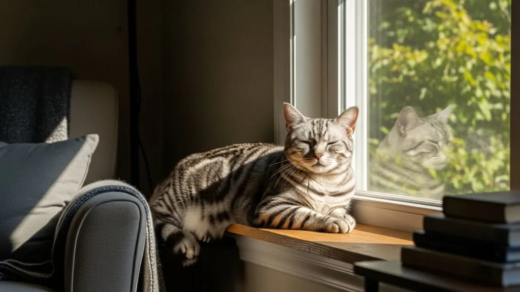 Relaxed American Shorthair in apartment setting.