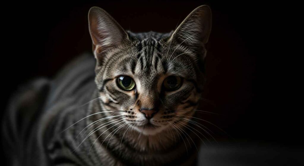 Tense cat with hard stare.