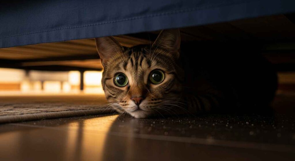 Worried cat hiding