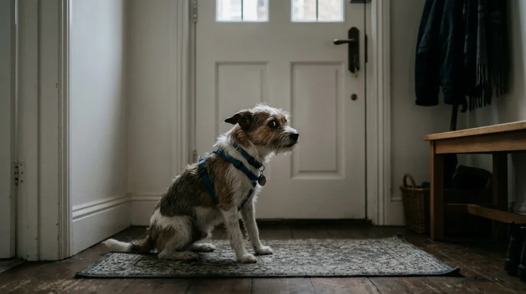 Anxious dog staring at front door waiting for owner to return