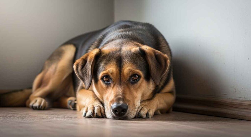Stressed dog showing signs of anxiety-related licking behavior