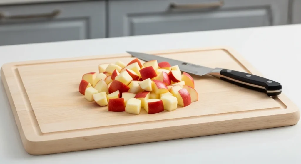 Peeled and diced apple pieces on a cutting board.