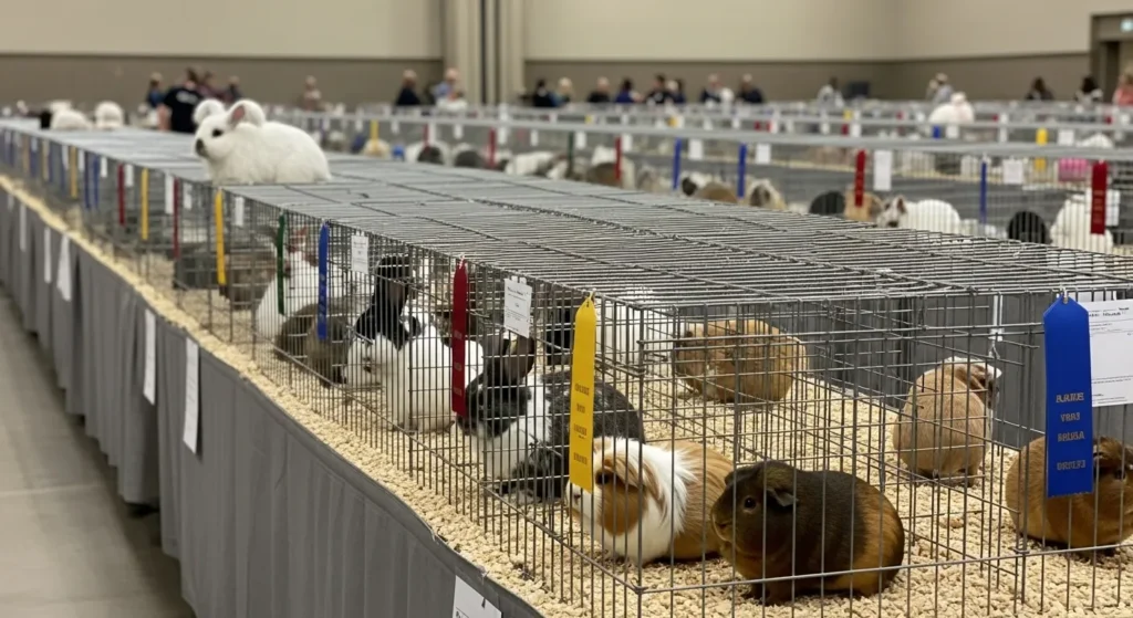 Caged rabbits and cavies with ribbons