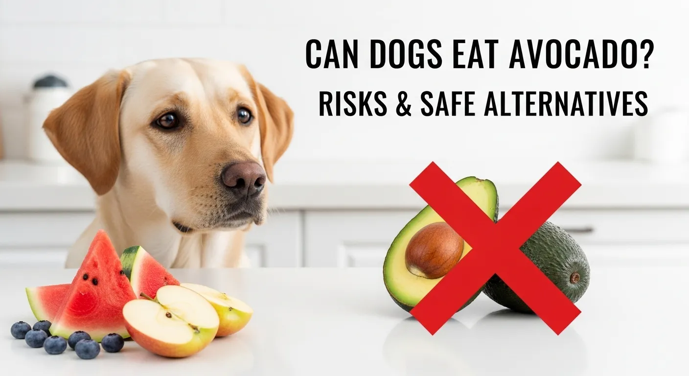 Labrador near avocado with red X and safe fruits.