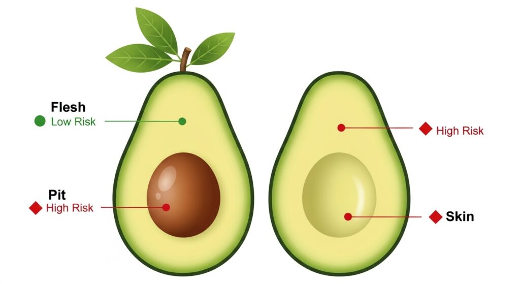 Diagram of avocado fruit, pit, skin, and leaves.