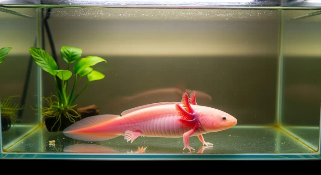 Pink axolotl in a clean aquarium with plants.