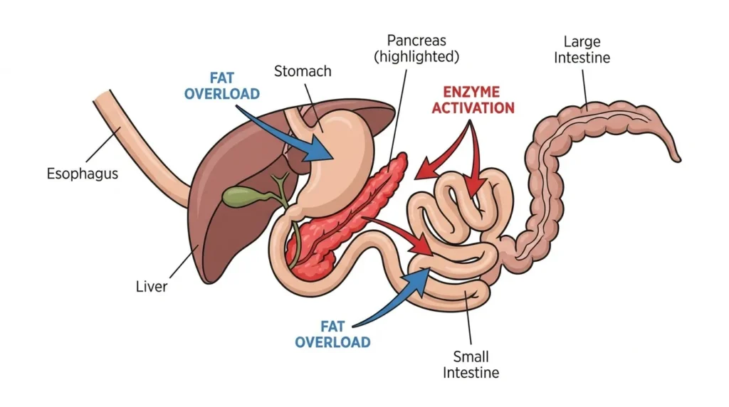 Diagram showing how high-fat foods like bacon trigger pancreatitis in dogs