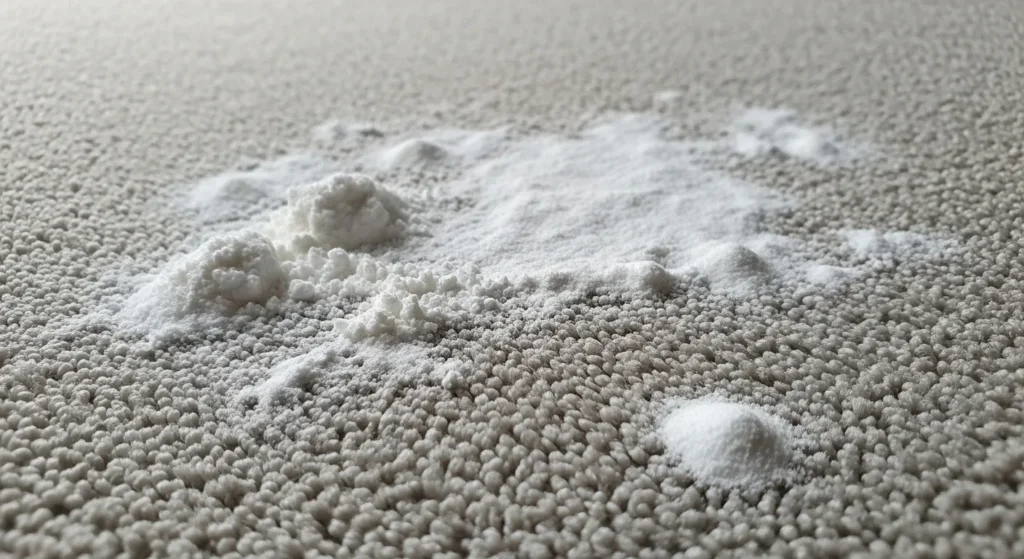 Close-up of baking soda sprinkled on carpet for odor control.