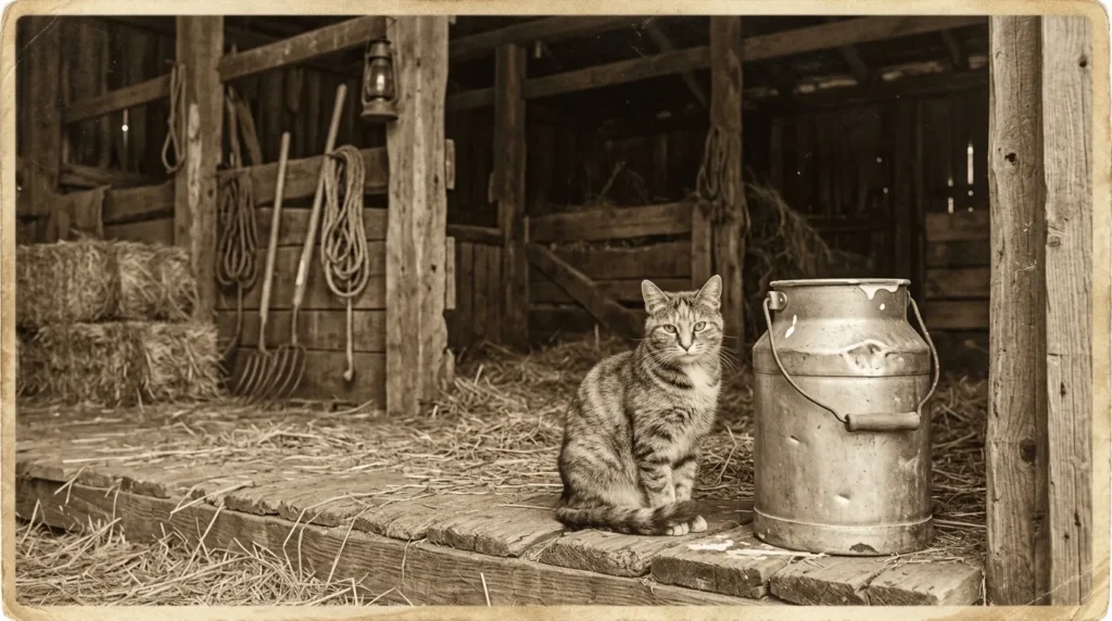 Barn cat sitting near a milk pail representing the historical myth of cats drinking milk