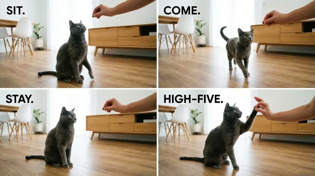 Four-panel grid showing a cat learning basic training commands with treats