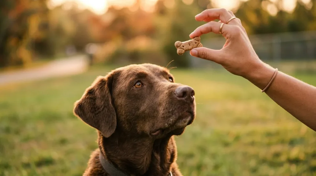 Person holding treat above dog's nose teaching the sit command during outdoor training session
