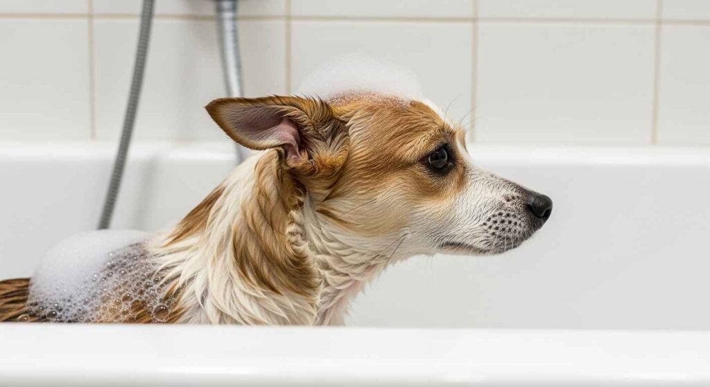 Small dog being bathed in a home tub.