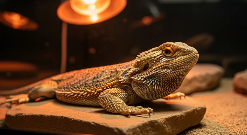 Bearded dragon on a rock in a terrarium