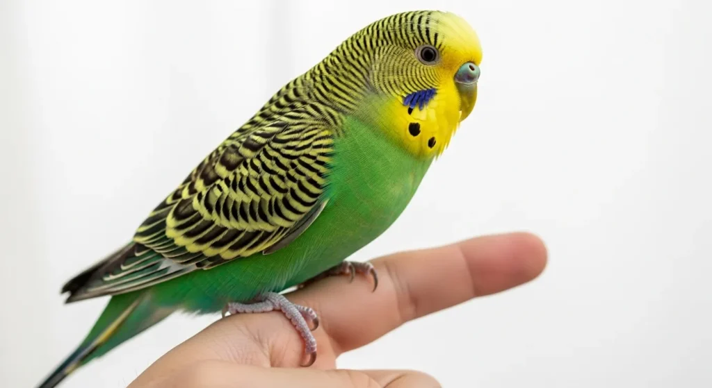Green budgie on finger.