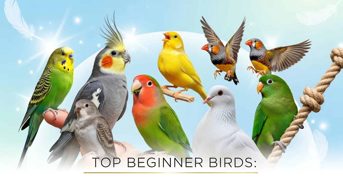 Eye-catching thumbnail of easy pet birds like budgies and cockatiels for beginners