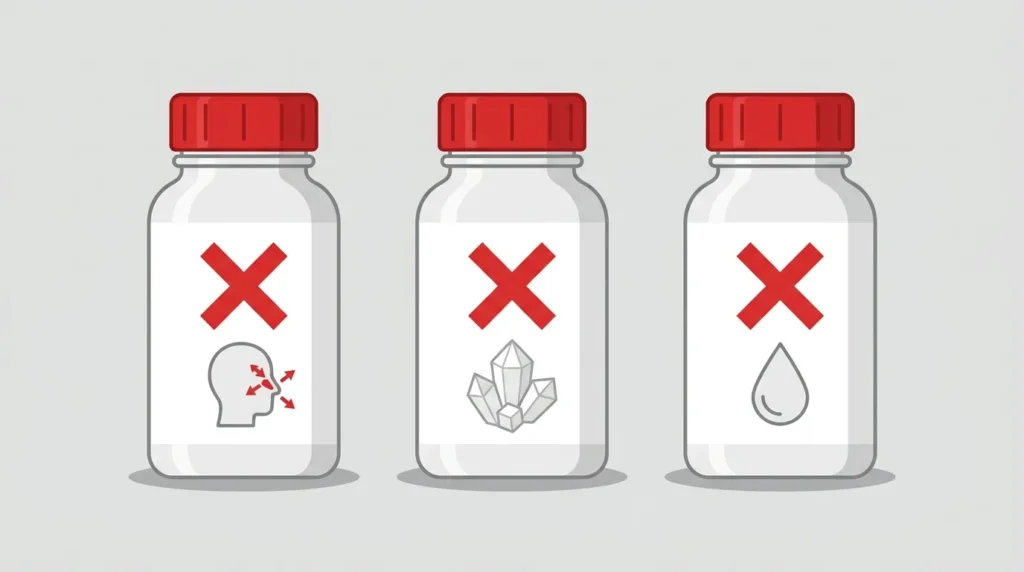Three Benadryl-style bottles with red X marks indicating dangerous formulas for dogs including decongestants, xylitol, and alcohol.