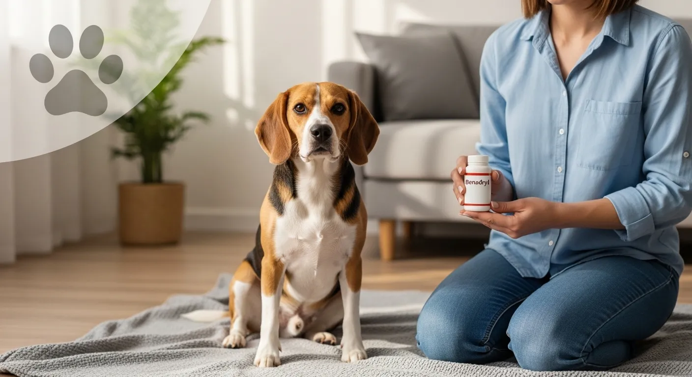 Dog and owner with Benadryl for blog thumbnail.