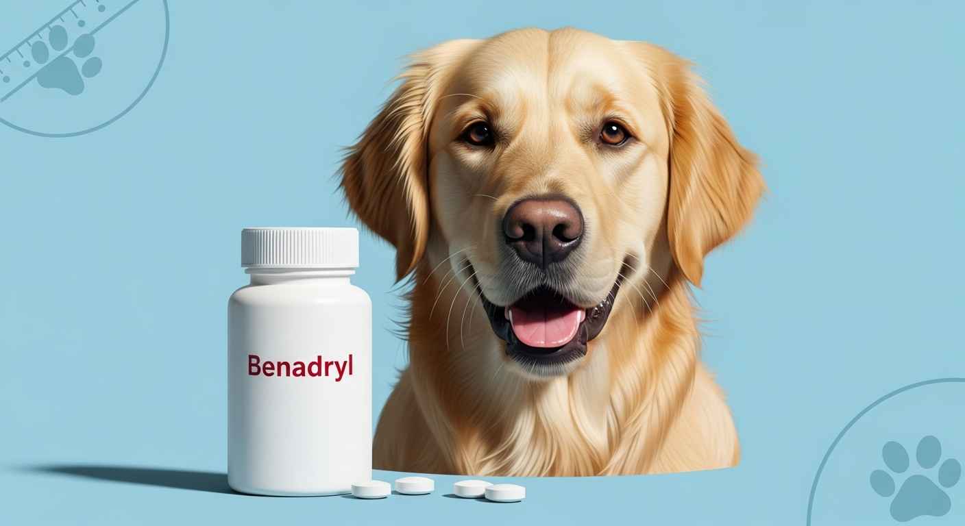 Thumbnail of dog with Benadryl bottle for dosage guide.