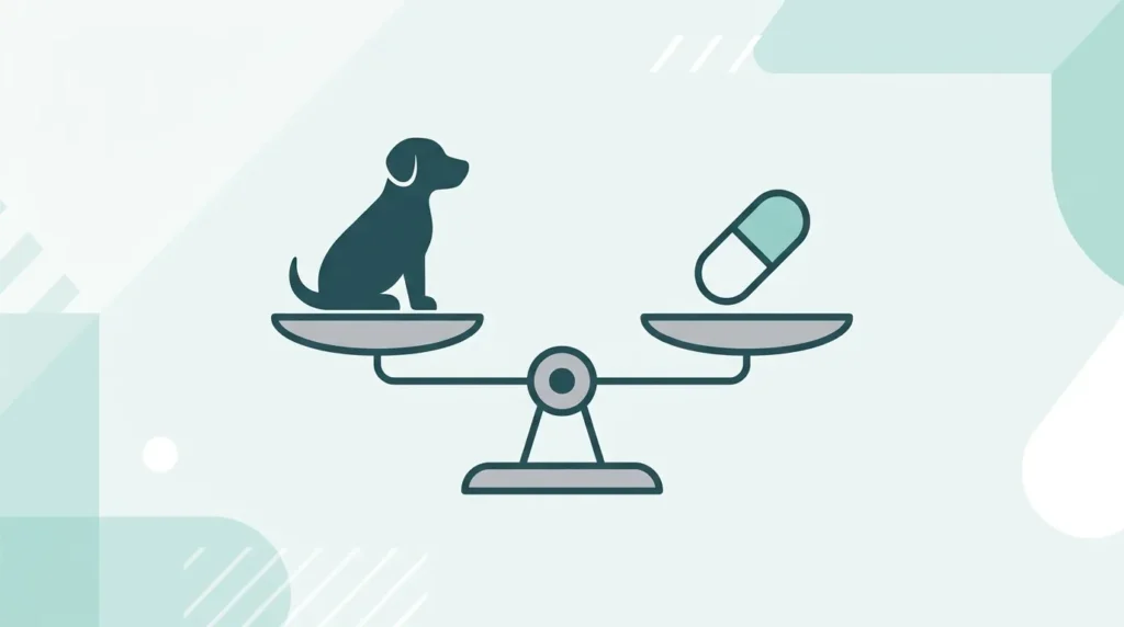  Illustration of a scale balancing a dog silhouette and a pill, representing weight-based Benadryl dosing.