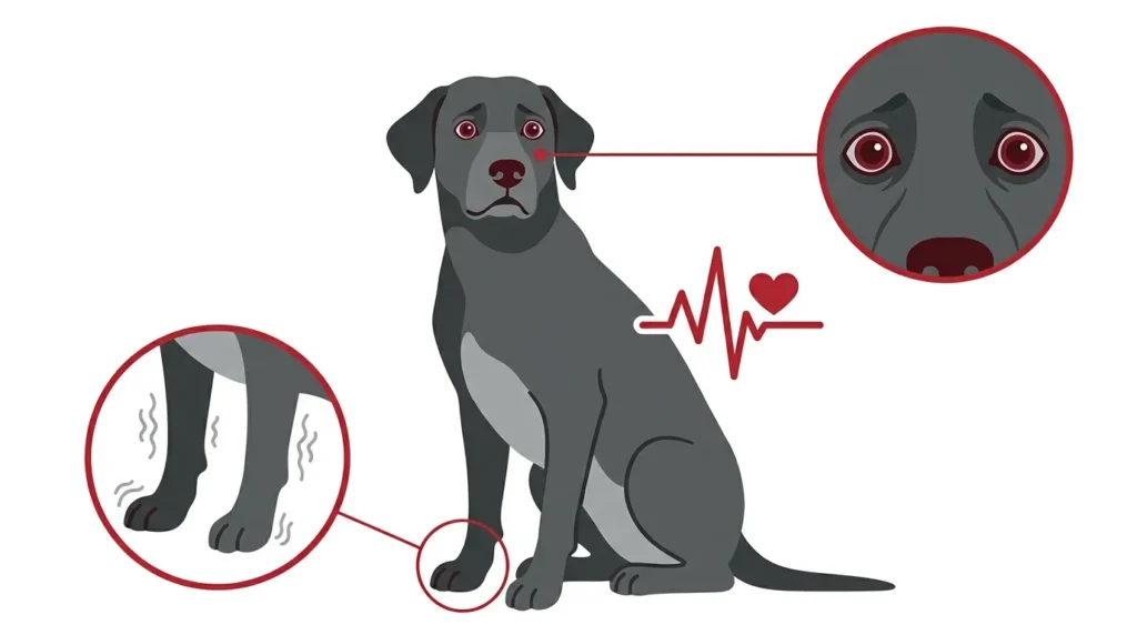 Medical illustration showing three overdose warning signs in dogs: dilated pupils, trembling, and rapid heartbeat.