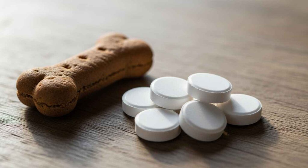 Benadryl tablets next to a dog treat for easy administration.