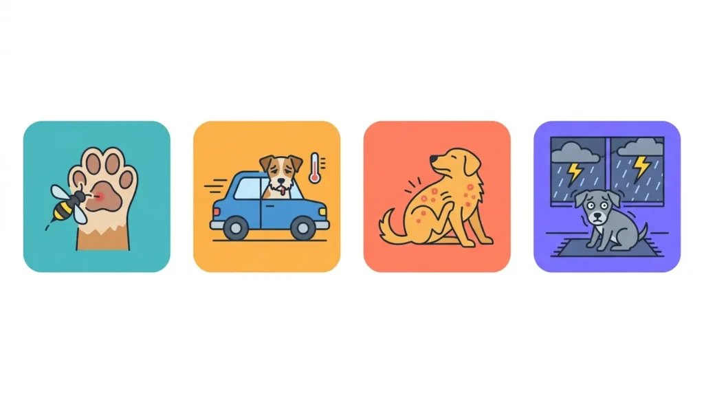 Four illustrated panels showing the main uses of Benadryl for dogs including bee stings, car sickness, hives, and anxiety.