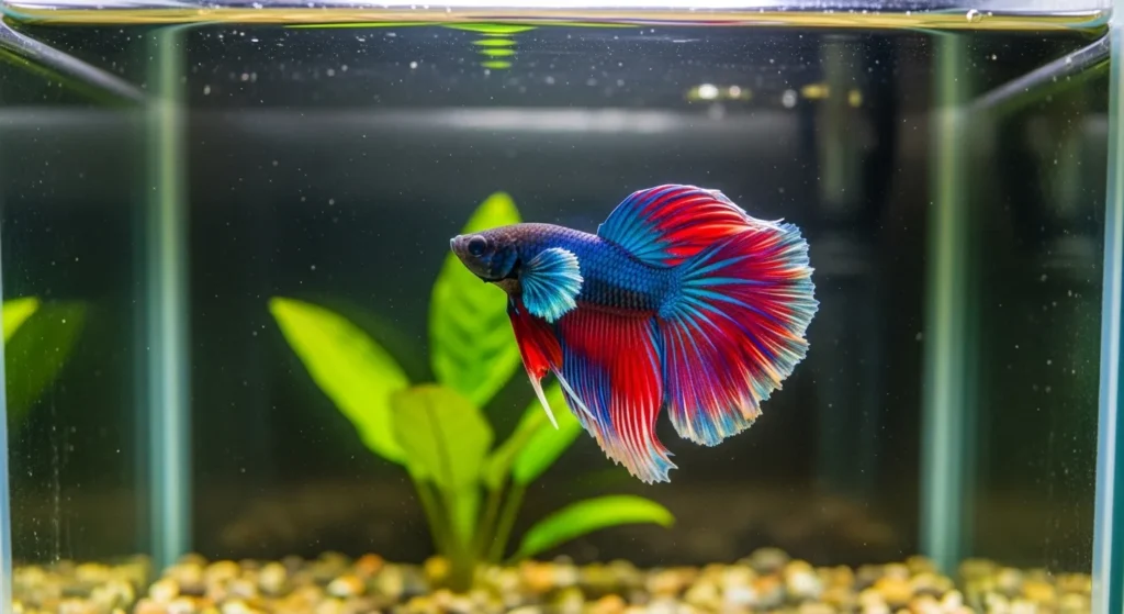 Colorful betta fish in a simple aquarium setup