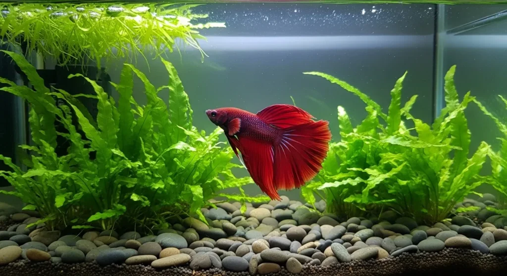 Red betta fish swimming in green aquarium plants