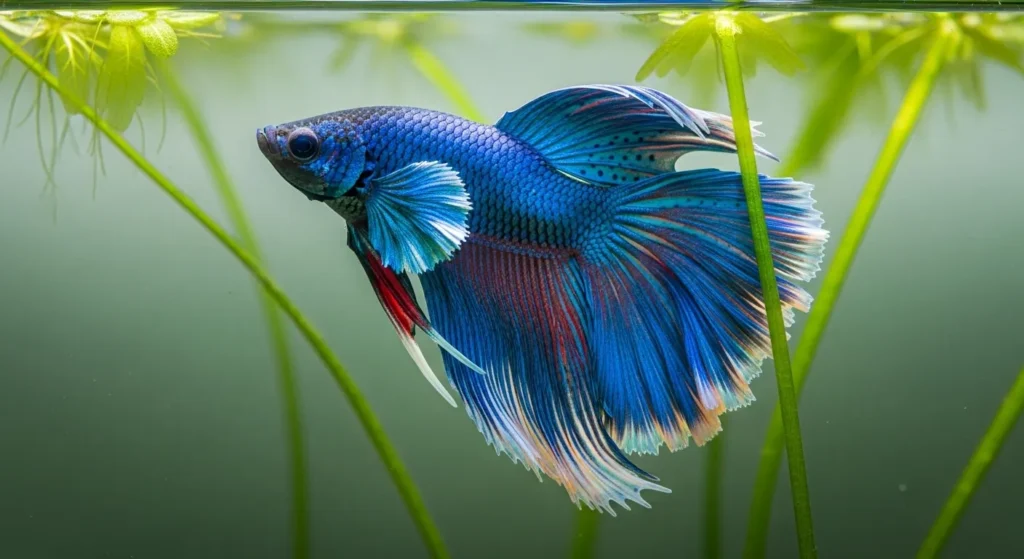 Blue betta fish in aquarium setting.
