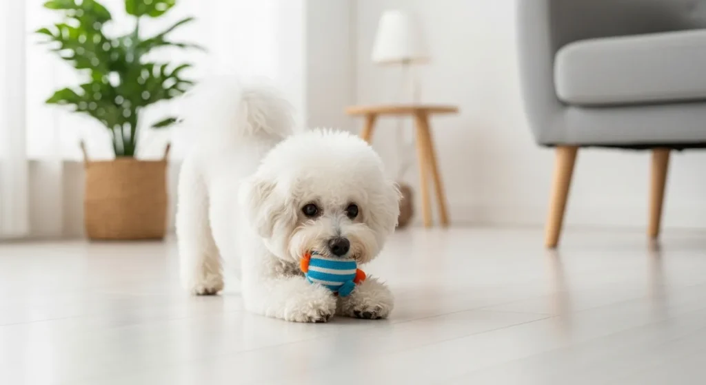 Bichon Frise with a toy in a living room.