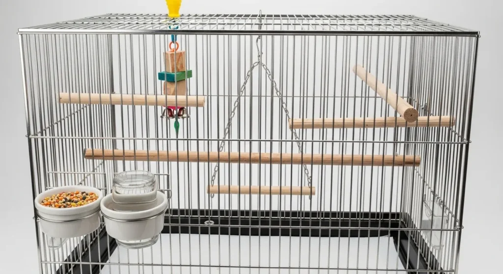 Bird cage with essentials.