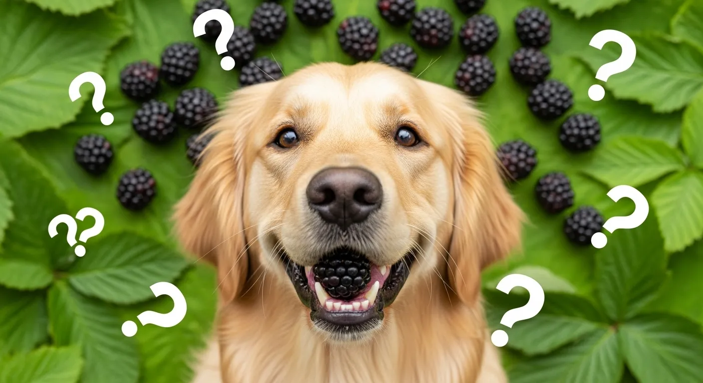 Cute dog with blackberry in mouth.