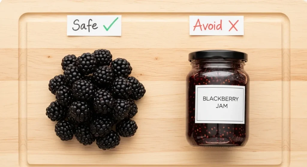 Fresh blackberries labeled safe versus blackberry jam labeled avoid for dogs