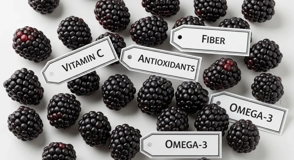 Blackberries with nutrient labels showing vitamins and antioxidants beneficial for dogs