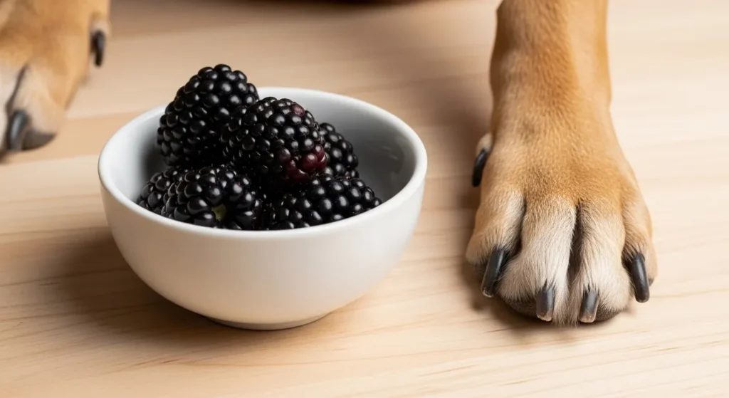 Small bowl of blackberries next to a dog paw showing correct serving size for dogs