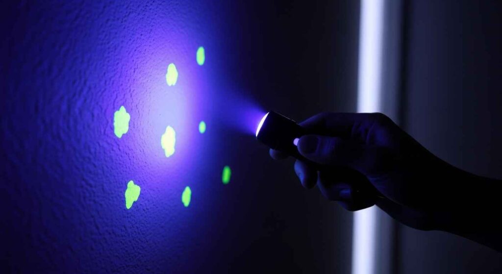 Person holding blacklight revealing glowing urine marks on wall