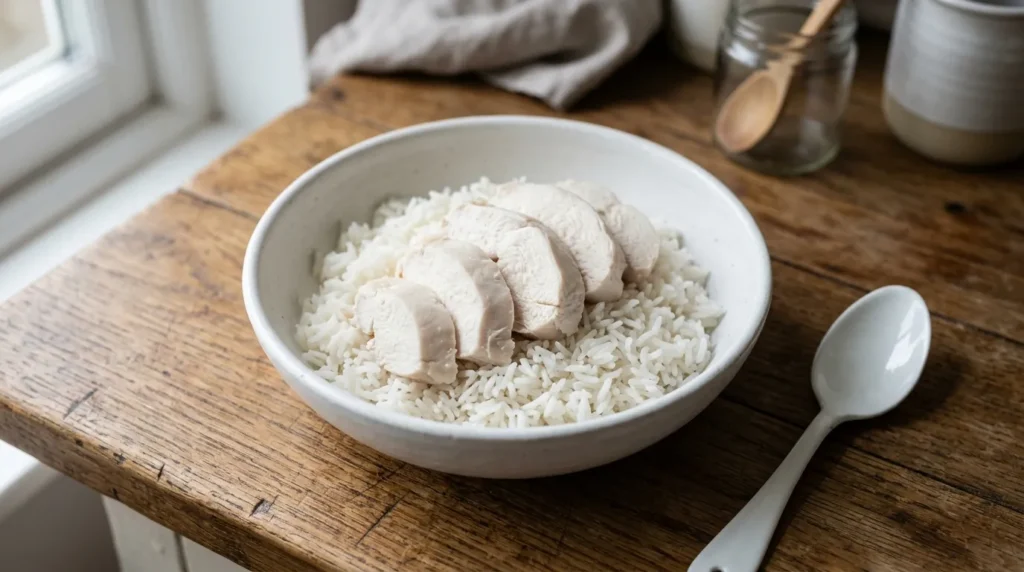 Bowl of plain boiled chicken and white rice, the recommended bland diet for dogs with vomiting