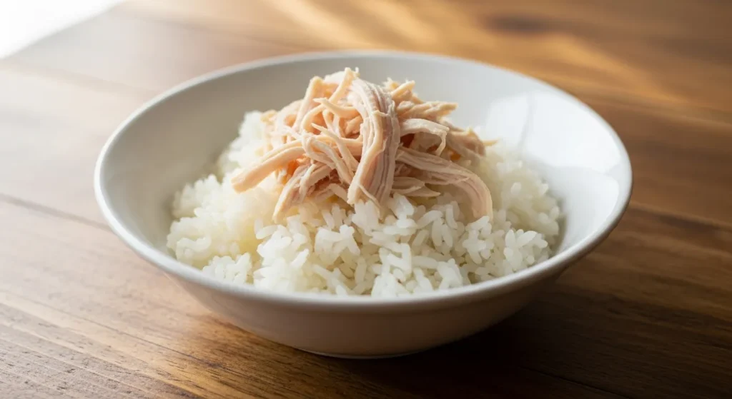 Boiled chicken and white rice for dog upset stomach.