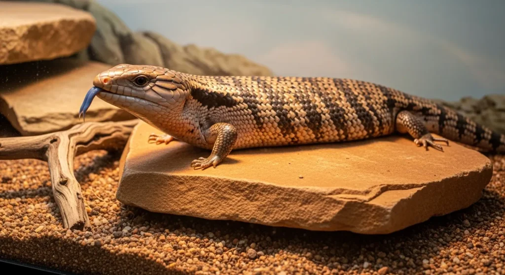 Blue-tongued skink with blue tongue in enclosure