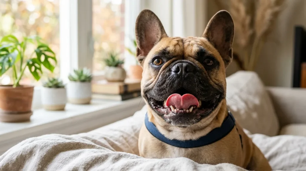 Brachycephalic French bulldog panting indoors