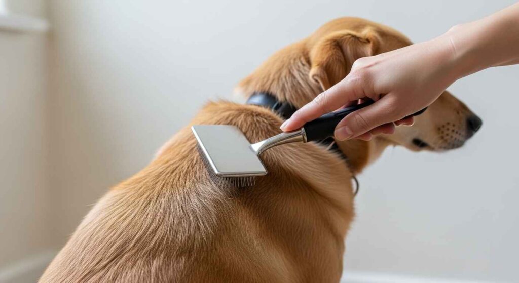 Person brushing a medium-haired dog at home.