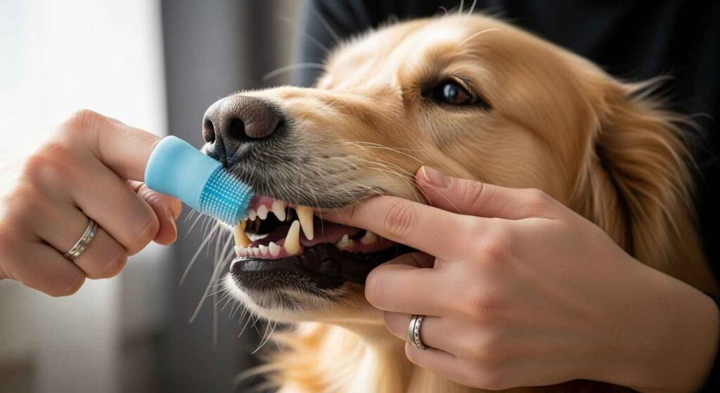 Person brushing a calm dog’s teeth with a finger brush